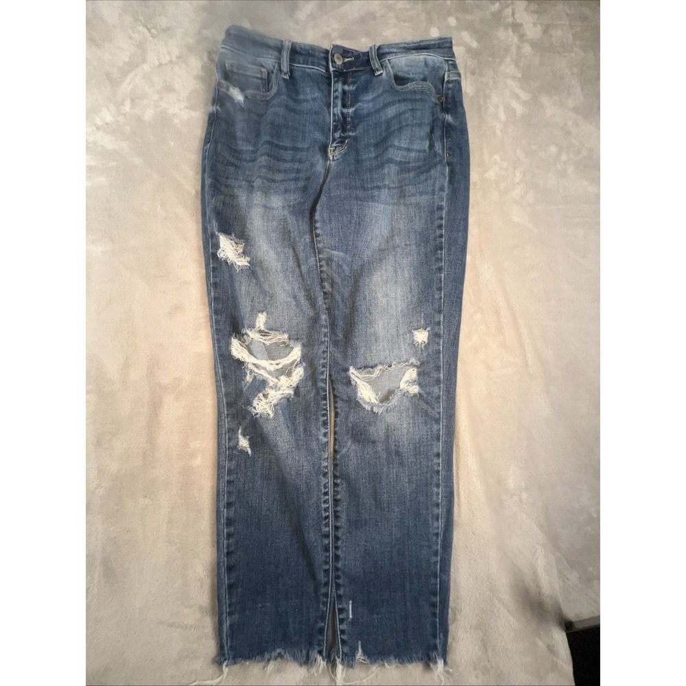 JUDY BLUE Relaxed Fit Kyla Straight Destroyed Distressed Jean, 7/28 Fits W32xL26